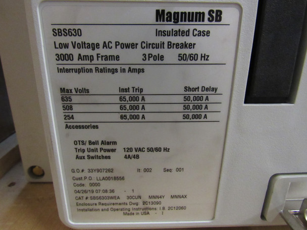 Eaton SBS6303WEA30CUNMNN4YMNNAX Molded Case Breakers (MCCBs) SBS 3P 3000A 240V 50/60Hz 3Ph