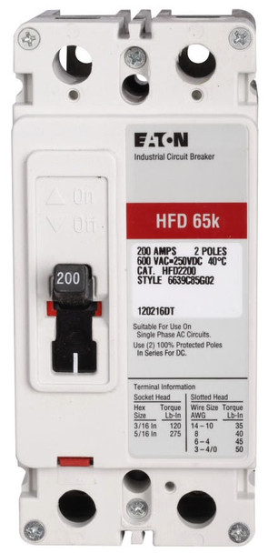 Eaton HFD2060 Molded Case Breakers (MCCBs) HFD 2P 60A 600V 50/60Hz 2Ph F Frame