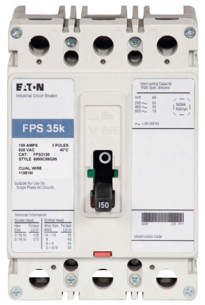 Eaton FPS3100L Molded Case Breakers (MCCBs) FPS 3P 100A 600V 50/60Hz 3Ph F Frame