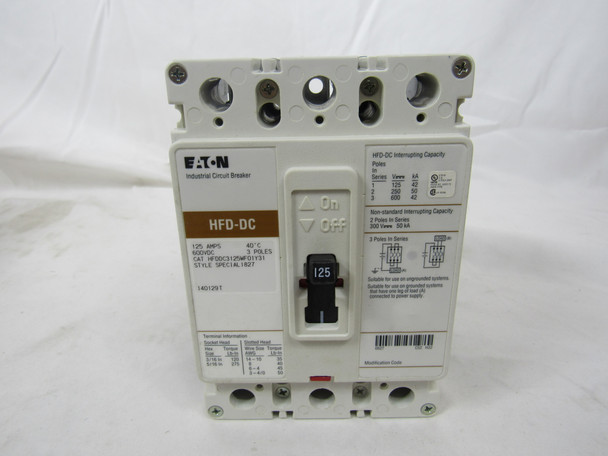 Eaton HFDDC3125WF01Y31 Molded Case Breakers (MCCBs) HFD 3P 125A 600V 50/60Hz 3Ph F Frame