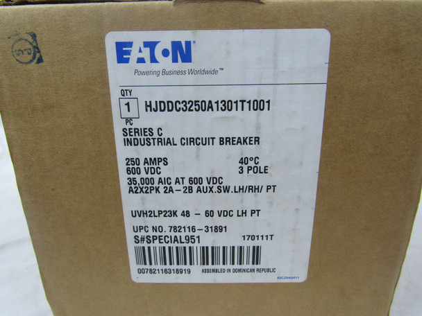 Eaton HJDDC3250A1301T1001 Molded Case Breakers (MCCBs) HJDDC 3P 250A 600V 50/60Hz 3Ph J Frame A2X2PK, UVH2LP23K