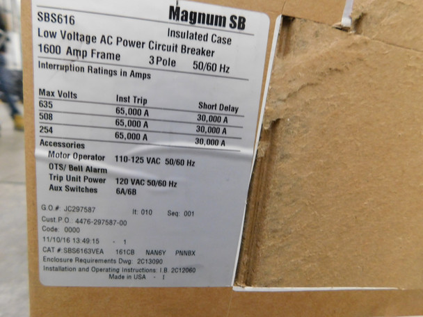 Eaton SBS6163VEA161CBNAN6YPNNBX Molded Case Breakers (MCCBs) SBS 3P 1600A 240V 50/60Hz 3Ph