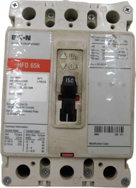 Eaton HFD3150V Molded Case Breakers (MCCBs) HFD 3P 150A 600V 50/60Hz 3Ph F Frame