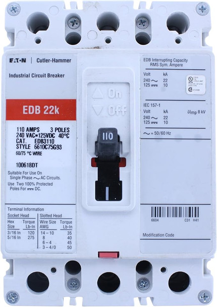 Eaton EDB3110 Molded Case Breakers (MCCBs) EDB 3P 110A 240V 50/60Hz 3Ph F Frame