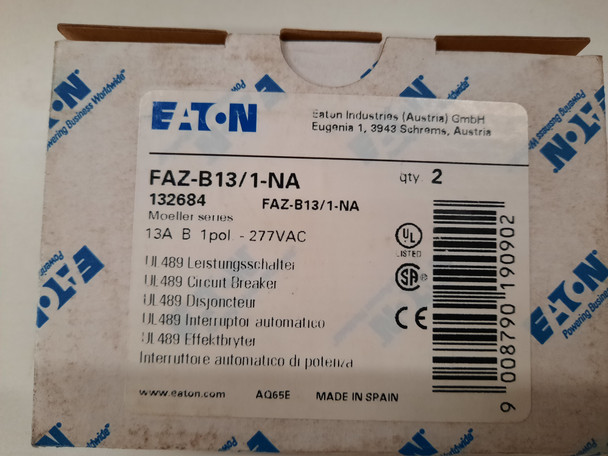 Eaton FAZ-B13/1-NA Miniature Circuit Breakers (MCBs) FAZ 1P 13A 480V 50/60Hz 1Ph EA