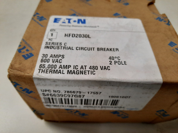 Eaton HFD2030L Molded Case Breakers (MCCBs) HFD 2P 30A 600V 50/60Hz 2Ph F Frame