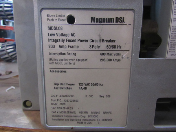 Eaton MDSL083WEL06CMNMNN4ENNNPX Molded Case Breakers (MCCBs) MDSL 3P 800A 600V 50/60Hz 3Ph M Frame