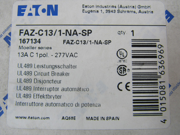 Eaton FAZ-C13/1-NA-SP Din Rail Mounted Circuit Breakers FAZ 1P 13A 277V 50/60Hz 1Ph EA