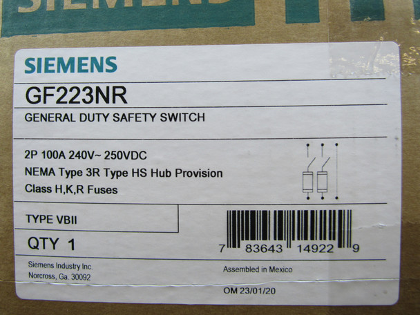 Siemens GF223NR Safety Switches GF 2P 100A 240V 50/60Hz 1Ph Fusible 3Wire NEMA 3R