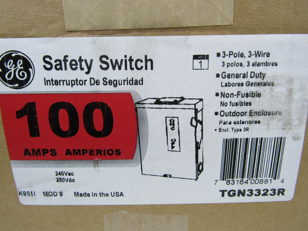 GE TGN3323R Safety Switches TGN 3P 100A 240V 50/60Hz 3Ph Non Fusible 3Wire NEMA 3R