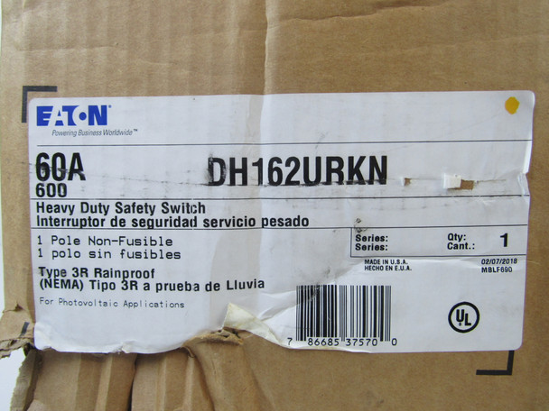 Eaton DH162URKN Safety Switches DH 1P 60A 600V 50/60Hz 1Ph Non Fusible 1Wire NEMA 3R