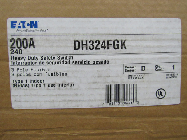 Eaton DH324FGK Safety Switches DH 3P 200A 240V 50/60Hz 3Ph Fusible 3Wire EA NEMA 1 ENHANCED VISIBLE BLADE