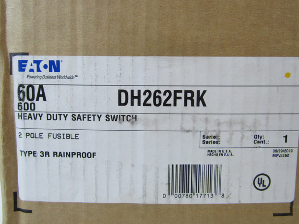 Eaton DH262FRK Safety Switches DH 2P 60A 600V 50/60Hz 1Ph Fusible 2Wire EA NEMA 3R