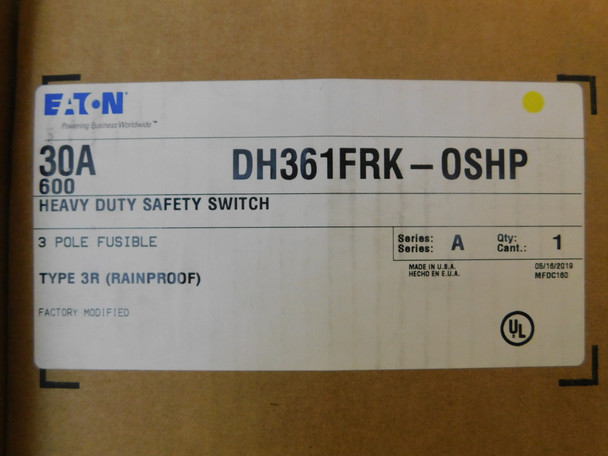 Eaton DH361FRK-OSHP Safety Switches DH 3P 30A 600V 50/60Hz 3Ph Fusible 3Wire NEMA 3R