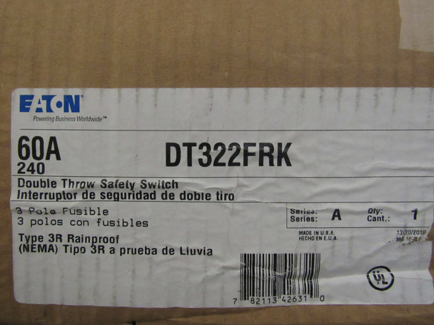 Eaton DT322FRK Safety Switches DT 3P 60A 240V 50/60Hz 3Ph Fusible 3Wire EA NEMA 3R