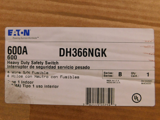 Eaton DH366NGK Heavy Duty Safety Switches DH 3P 600A 600V 50/60Hz 3Ph Fusible w/ Neutral 4Wire EA NEMA 1