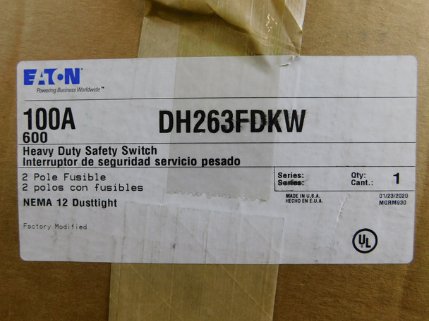 Eaton DH263FDKW Safety Switches DH 2P 100A 600V 50/60Hz 1Ph Fusible w/o Neutral 2Wire 1BOX NEMA 12