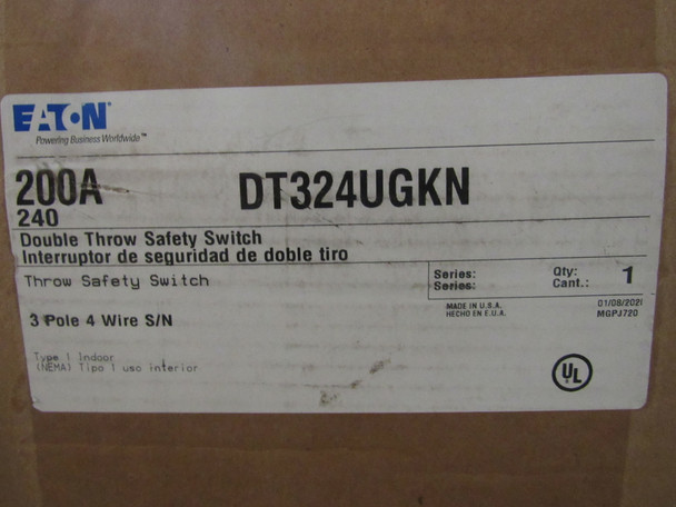 Eaton DT324UGKN Safety Switches DT 3P 200A 240V 50/60Hz 3Ph Non Fusible 4Wire NEMA 1