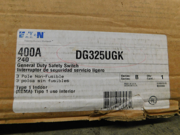 Eaton DG325UGK Safety Switches DG 3P 400A 240V 50/60Hz 3Ph Non Fusible 3Wire NEMA 1