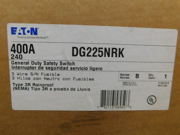 Eaton DG225NRK General Duty Safety Switches DG 2P 400A 240V 50/60Hz 1Ph Fusible w/ Neutral 3Wire EA NEMA 3R