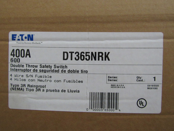 Eaton DT365NRK Safety Switches DT 3P 400A 600V 50/60Hz 3Ph Fusible w/ Neutral 4Wire NEMA 3R