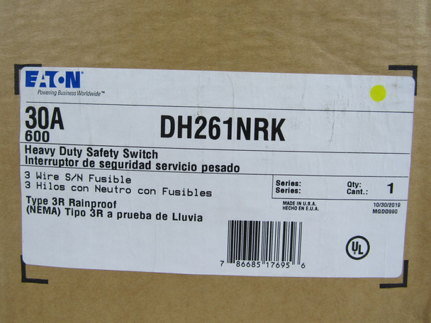 Eaton DH261NRK Safety Switches DH 2P 30A 600V 50/60Hz 1Ph Fusible w/ Neutral 3Wire EA NEMA 3R
