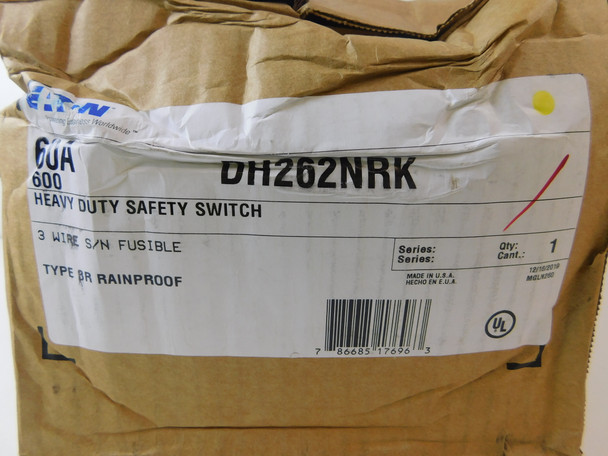 Eaton DH262NRK Safety Switches DH 2P 60A 600V 50/60Hz 1Ph Fusible 3Wire EA NEMA 3R