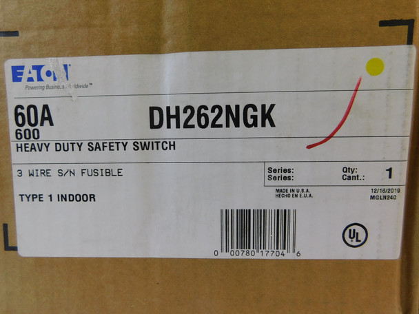 Eaton DH262NGK Heavy Duty Safety Switches DH 2P 60A 600V 50/60Hz 1Ph Fusible w/ Neutral 3Wire EA NEMA 1