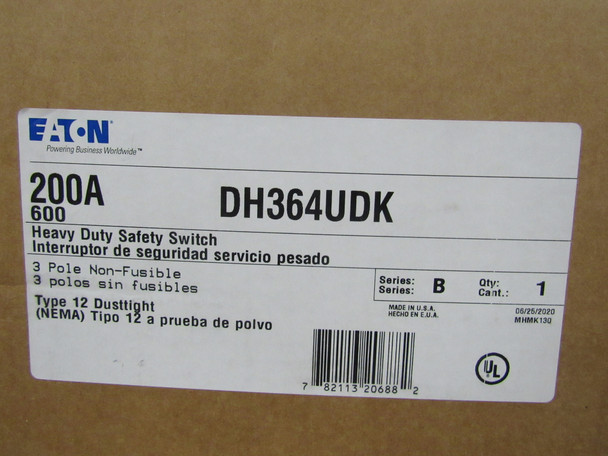 Eaton DH364UDK Heavy Duty Safety Switches DH 3P 200A 600V 50/60Hz 3Ph EA NEMA 12
