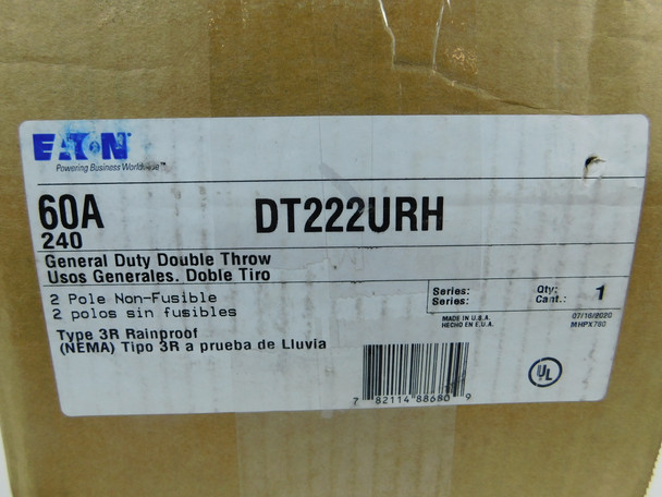 Eaton DT222URH Safety Switches DT 2P 60A 240V 50/60Hz 1Ph Non Fusible 3Wire NEMA 3R