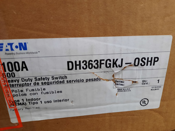 Eaton DH363FGKJ-0SHP Safety Switches DH 3P 100A 600V 50/60Hz 3Ph Fusible 3Wire Nema 1