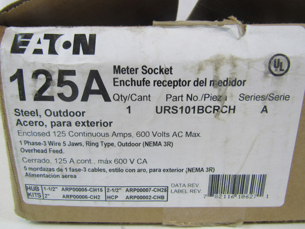 Eaton URS101BCRCH Meter Sockets Ring-Type 125A 600V 50/60Hz 1Ph 3Wire 5Jaws