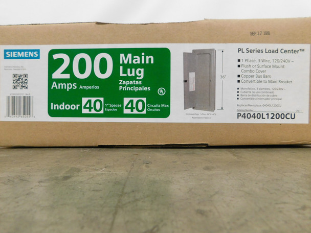 Siemens P4040L1200CU Loadcenters and Panelboards 2P 200A 120V 50/60Hz 1Ph 3Wire 40Cir 40Sp NEMA 1 Surface/Flush Mounting