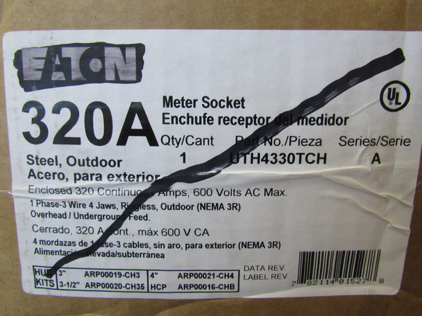 Eaton UTH4330TCH Meter Sockets Ringless 320A 600V 50/60Hz 1Ph 1 Position 3Wire 4Jaws NEMA 3R Commercial or Residential Lever Bypass