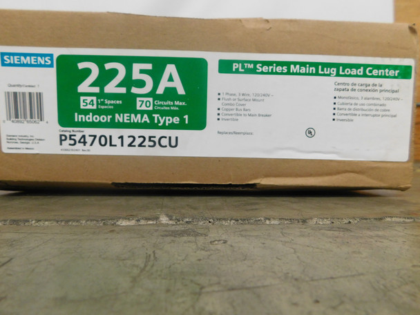 Siemens P5470L1225CU Loadcenters and Panelboards 225A 120V 50/60Hz 1Ph 3Wire 70Cir 54Sp NEMA 1 Surface/Flush Mounting