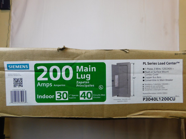 Siemens P3040L1200CU Loadcenters and Panelboards 200A 120V 50/60Hz 1Ph 3Wire 40Cir 30Sp NEMA 1 Surface/Flush Mounting