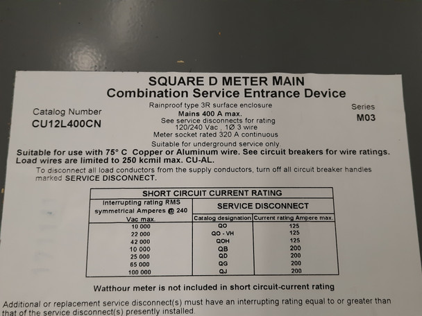 Square D CU12L400CN Meter and Meter Socket Accessories Meter Main Breaker 400A 240V 50/60Hz 1Ph 3Wire NEMA 3R Square D CU12L400CN Meter and Meter Socket Accessories Meter Main Breaker 400A 240V 50/60Hz 1Ph 3Wire NEMA 3R
