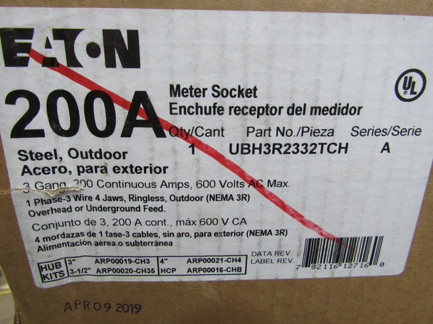 Eaton UBH3R2332TCH Meter Sockets 200A 600VAC 1Ph 3Wire 4Jaws NEMA Type 3R