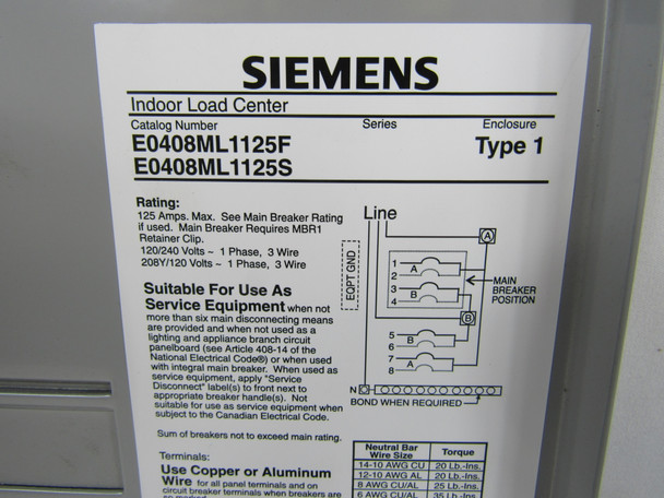 Siemens E0408ML1125F Loadcenters and Panelboards 125A 240V 50/60Hz 1Ph 3Wire 8Cir 4Sp NEMA 1
