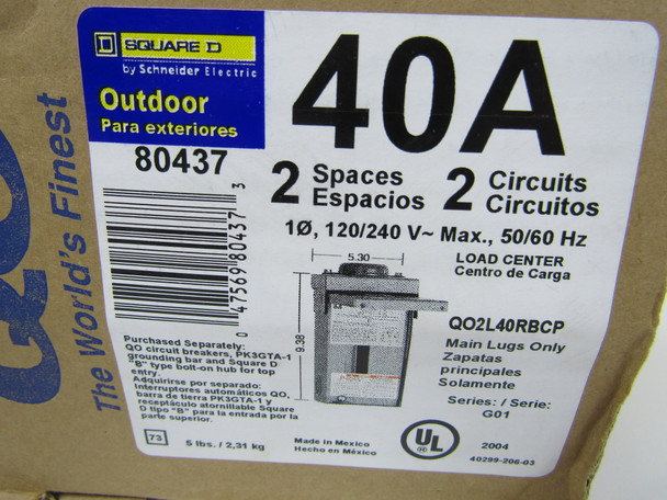 Square D QO2L40RBCP Loadcenters and Panelboards QO 40A 240V 50/60Hz 1Ph 3Wire 2Cir 2Sp NEMA 3R