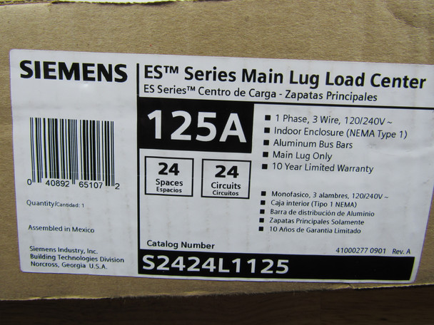 Siemens S2424L1125 Loadcenters and Panelboards 125A 120V 50/60Hz 1Ph 3Wire 24Cir 24Sp NEMA 1