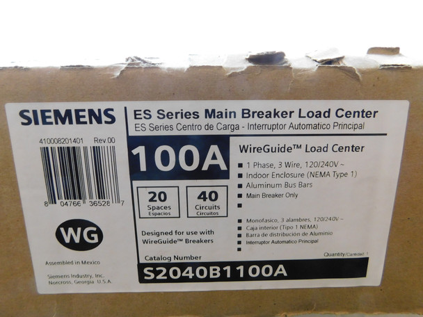 Siemens S2040B1100A Loadcenters and Panelboards 100A 120V 50/60Hz 1Ph 40Cir 20Sp NEMA 1