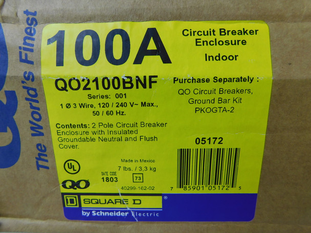 Square D QO2100BNF Electrical Enclosures Indoor Enclosure 100A 120V NEMA Type 1 50/60Hz 2P