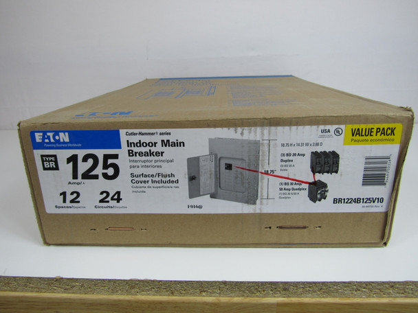 Eaton BR1224B125V10 Loadcenters and Panelboards BR 1P 125A 240V 50/60Hz 1Ph 3Wire 24Cir 12Sp NEMA 1