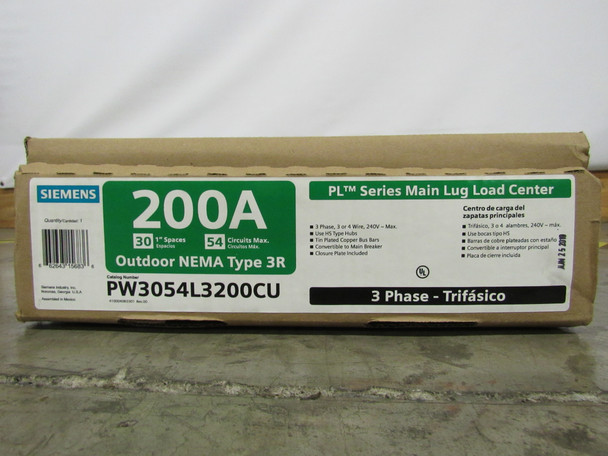 Siemens PW3054L3200CU Loadcenters and Panelboards 200A 240V 50/60Hz 3Ph 3Wire 54Cir 30Sp NEMA 3R
