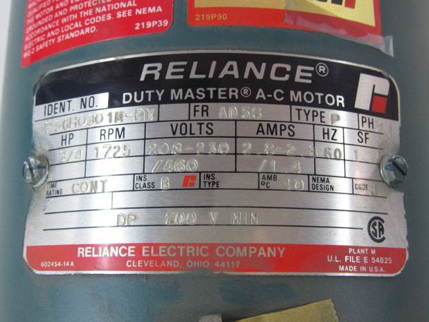 Reliance P56H0301M-PN Electric Motors P 2.8/1.4A 208-230/460V 0.75HP