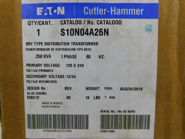 Eaton S10N04A26N Other Transformers Dry Type 240V 60Hz 1Ph NEMA 3R Secondary Voltage: 24V 250VA