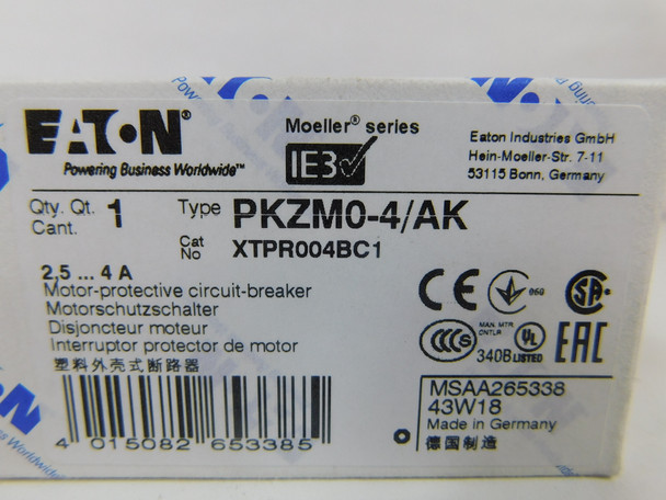 Eaton XTPR004BC1 Motor Circuit Protector (MCPs) 3P 4A 600V 0Ph EA