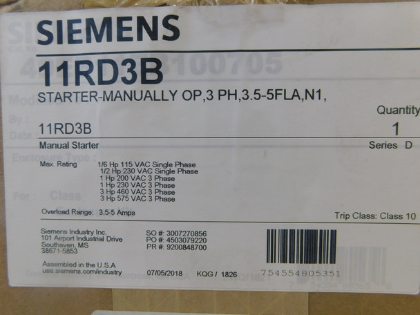Siemens 11RD3B Manual Starters 3P 3.5-5A 575V 50/60Hz 3Ph 3HP NEMA 1