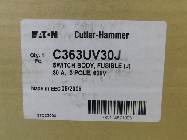 Eaton C363UV30J Switch Accessories Switch Body 3P 30A 600V 50/60Hz 3Ph V Frame Fusible 20 HP
